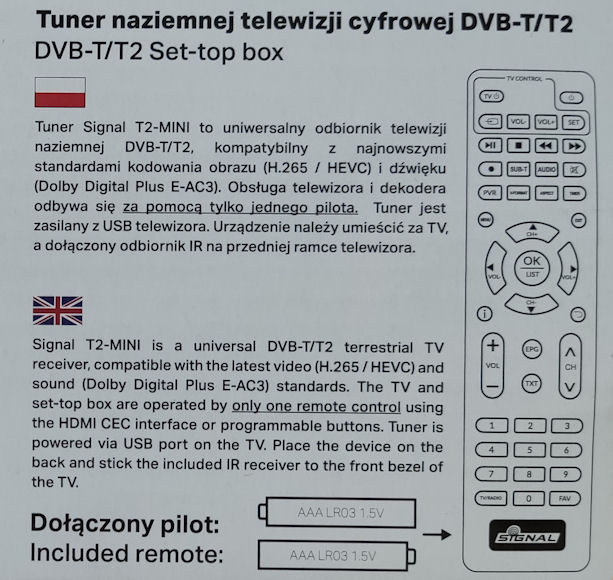 MINI TUNER DEKODER DVB-T DVB-T2 H.265 HEVC SIGNAL T2MINI + ANTENA MINIYAGI